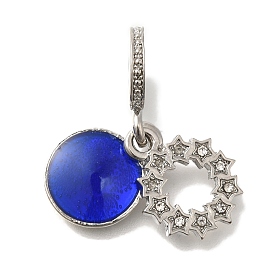 Rack Plating Alloy Blue Enamel European Dangle Charms, Flat Round & Star Ring Large Hole Pendants with Crystal Rhinestone, Lead Free & Cadmium Free