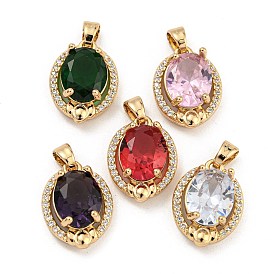 Brass Micro Pave Clear Cubic Zirconia Pendants, with Glass, Oval
