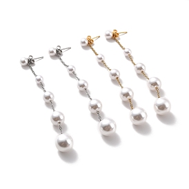 Round Plastic Pearl Beaded Long Chain Dangle Stud Earrings, 304 Stainless Steel Drop Earrings for Women
