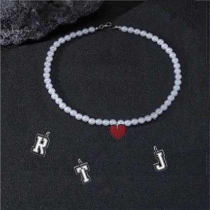 ПВХ кулон с инициалом, пластиковые жемчужины, круглые бусины, ожерелья для женщин и мужчин, платина, белые