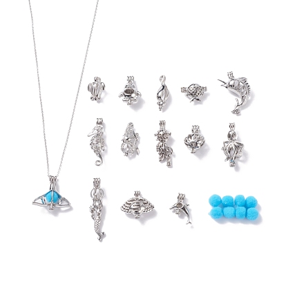 DIY Necklaces Making, with Brass/Alloy Locket Pendants, Cage Pendants, 304 Stainless Steel Necklace Making and Polyester Pom Pom Ball