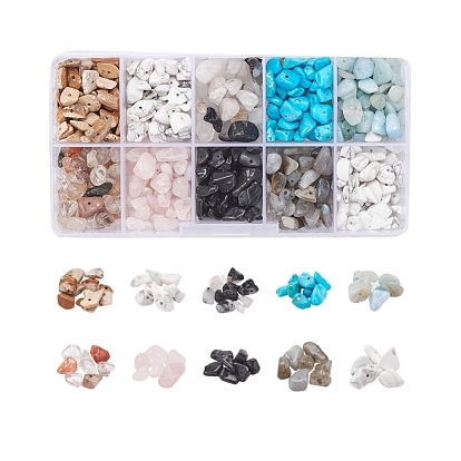 150g 10 Stil Edelstein-Chip-Perlenstränge, natürlicher Rutilquarz & Howlite & Obsidian & Rosenquarz & Bildjasper & Amazonit & Labradorit & synthetischer Howlit