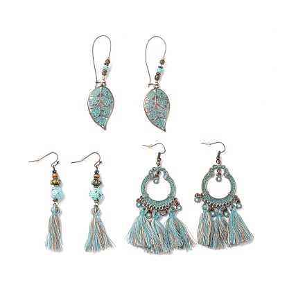 3 парные плоские серьги-подвески из сплава круглой и листовой эмали с синтетической бирюзой, богемные большие хлопковые серьги-подвески с деревянными бусинами для женщин