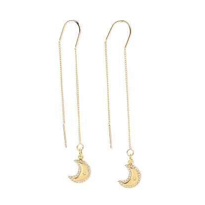 Brass Micro Pave Clear Cubic Zirconia Ear Threads, Stud Earrings, Moon