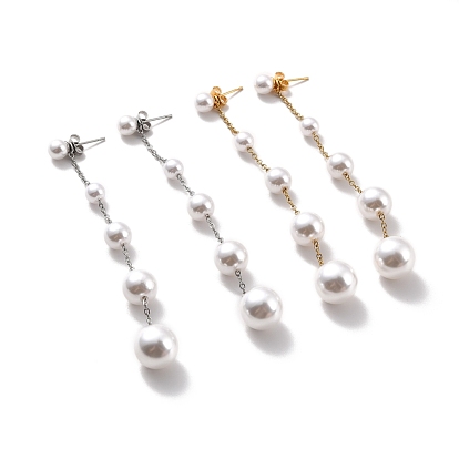 Round Plastic Pearl Beaded Long Chain Dangle Stud Earrings, 304 Stainless Steel Drop Earrings for Women