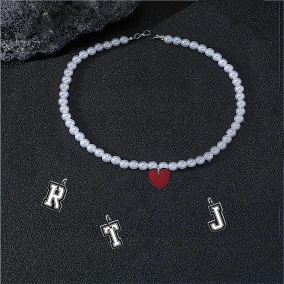 ПВХ кулон с инициалом, пластиковые жемчужины, круглые бусины, ожерелья для женщин и мужчин, платина, белые