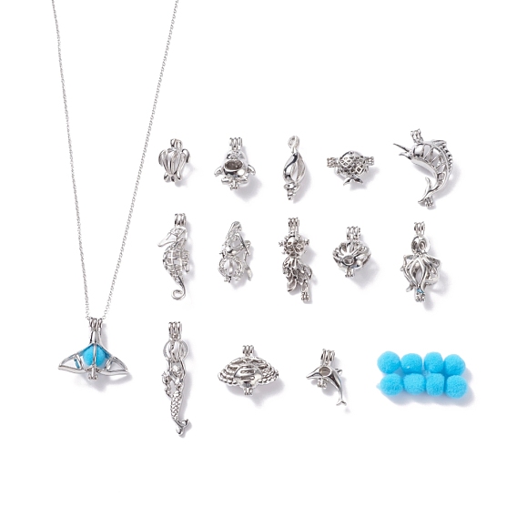 DIY Necklaces Making, with Brass/Alloy Locket Pendants, Cage Pendants, 304 Stainless Steel Necklace Making and Polyester Pom Pom Ball