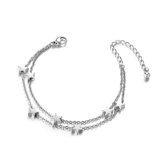 Trendy Stainless Steel Anklet, Double Layered Anklet, with Stars, 200mm