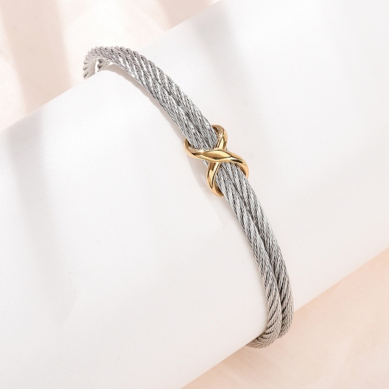 Pulseras de acero inoxidable bicolor con diseño de infinito y brazalete abierto retorcido para mujer
