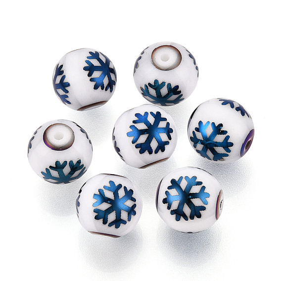 Рождественские непрозрачные стеклянные бусины, круглый с гальваническим рисунком снежинки