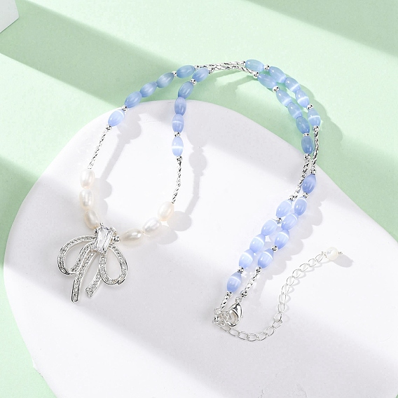 Ожерелья из натурального жемчуга и бусин кошачий глаз, латунные ожерелья с подвесками в виде банта для женщин, васильковый