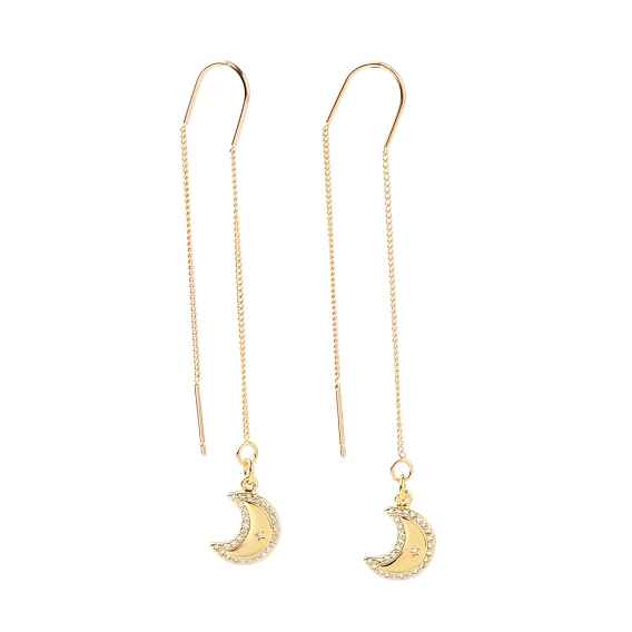Brass Micro Pave Clear Cubic Zirconia Ear Threads, Stud Earrings, Moon