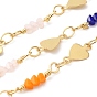 Handmade Brass Heart Link Chains, Glass Beaded Chains, Real 18K Gold Plated, Soldered, with Spool, Cadmium Free & Lead Free