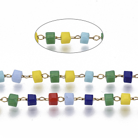 Handmade Faceted Glass Beaded Chains, with Stainless Steel Cable Chains and Spool, Soldered, Cube, Golden