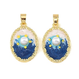 Brass Enamel Pendants, Oval Charms, with ABS Imitation Pearl