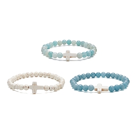 3Pcs 3 Style Natural Blue Quartz & Grade A Amazonite & Turquoise Cross Beaded Stretch Bracelets Set