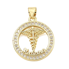 Brass Micro Pave Clear Cubic Zirconia Pendants, Flat Round with Medical Caduceus Staff Charms, Rack Plating, Long-Lasting Plated, Cadmium Free & Lead Free