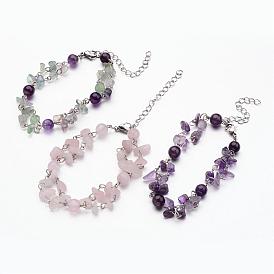 Bracelets de perles de puces de pierres précieuses, bracelets multi-brins, avec 304 accessoires en argent inoxydable et fermoirs mousqueton