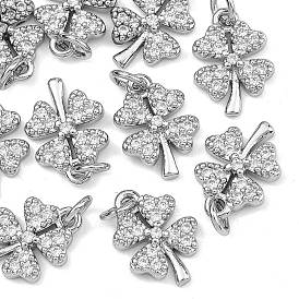 Breloques en laiton Shegrace avec micro-pavé de zircone cubique transparente, sans cadmium et sans nickel et sans plomb, breloques en forme de trèfle à quatre feuilles