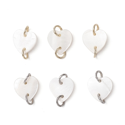 6 шт 2 цвета натуральный пресноводный ракушка сердце соединительные подвески, с двойными 304 петлями из нержавеющей стали, белые