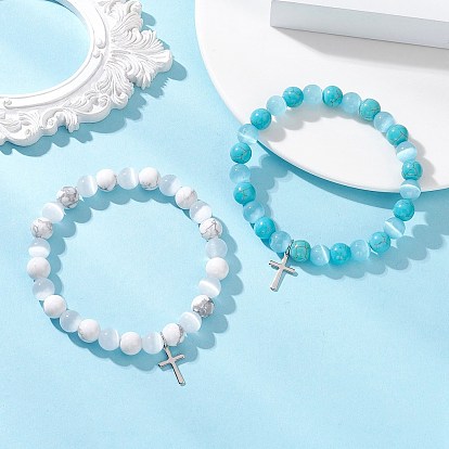 2 браслеты из натуральных бусин говлита и синтетической бирюзы, эластичные, с бусинами «кошачий глаз» и 201 подвеской в виде креста из нержавеющей стали для женщин