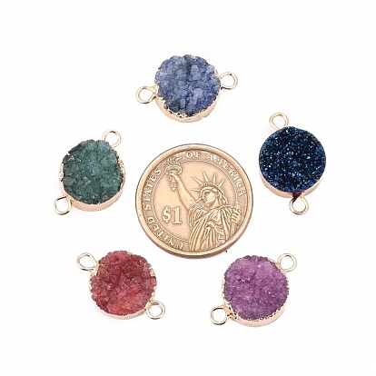 Natural Druzy Agate Flat Round Links Connectors, with Golden Tone Plated Brass Finding