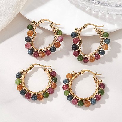 2 пары 2 стили серьги-кольца из натурального зеленого нефрита с имитацией турмалина и бусинами, с 201 серьгами из нержавеющей стали, форма сердца и кольца