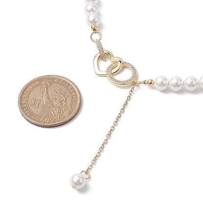 Brass Micro Pave Clear Cubic Zirconia Heart Pendant Necklace, with Shell Pearl Round Beaded