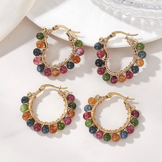 2 пары 2 стили серьги-кольца из натурального зеленого нефрита с имитацией турмалина и бусинами, с 201 серьгами из нержавеющей стали, форма сердца и кольца