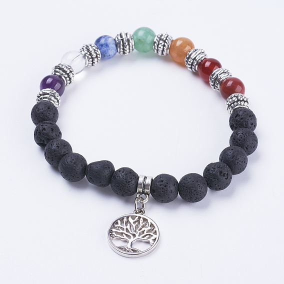 Эластичные браслеты из натурального вулканического камня, с подвесками из смешанного камня и латуни, плоские круглые с дерева жизни