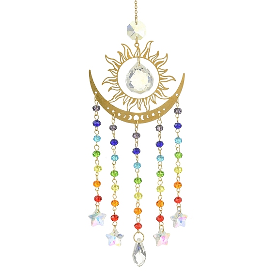 Brass & 304 Stainless Steel Sun Moon Suncatchers, Glass Teardrop & Rondelle Charm for Outdoor Garden Wall Hanging Decor