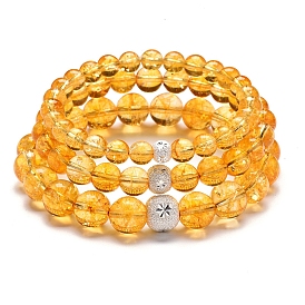 Natural Citrine Round Beaded Stretch Bracelets, 925 Sterling Silver Flower Bracelet