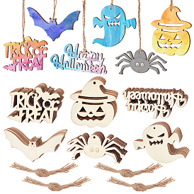 6 Styles Wooden Ornaments, with Jute Twine, Halloween Hanging Decorations, for Party Gift Home Decoration