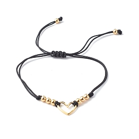 Adjustable Nylon Thread Braided Bead Bracelets, with Brass Beads, Heart