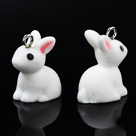 Flocky Resin Pendants, with Platinum Plated Iron Loops, Rabbit