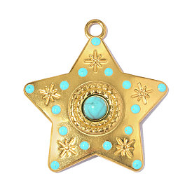 304 подвески из нержавеющей стали с паве из синтетической бирюзы, звезда очарование, с эмалью, ионное покрытие (ip), долговечный, реальный 18 k позолоченный