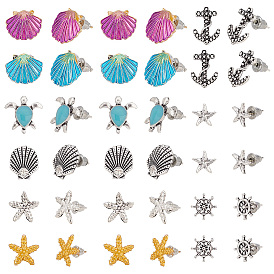 18 Pairs 7 Style Shell & Starfish & Turtle & Helm Zinc Alloy Stud Earrings Sets with Enamel, Ocean Theme Earrings with Iron & Alloy Pins for Women