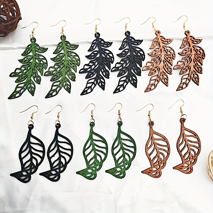 Hollow Iron Wood Dangle Earrings for Women, Leaf
