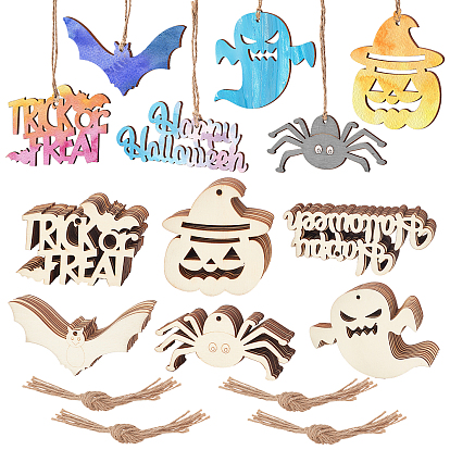 6 Styles Wooden Ornaments, with Jute Twine, Halloween Hanging Decorations, for Party Gift Home Decoration