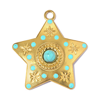 304 подвески из нержавеющей стали с паве из синтетической бирюзы, звезда очарование, с эмалью, ионное покрытие (ip), долговечный, реальный 18 k позолоченный