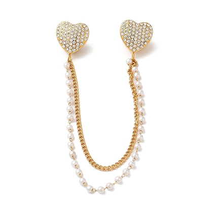 304 брошь-цепочка в форме сердца с микро-паве из нержавеющей стали, прозрачный кубический цирконий и АБС-пластик с жемчугом и сердцем