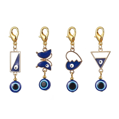 Alloy Enamel Pendant Decorations, Resin Beads with Alloy Lobster Claw Clasps Charm, Heart/Rectangle/Triangle/Butterfly with Evil Eye