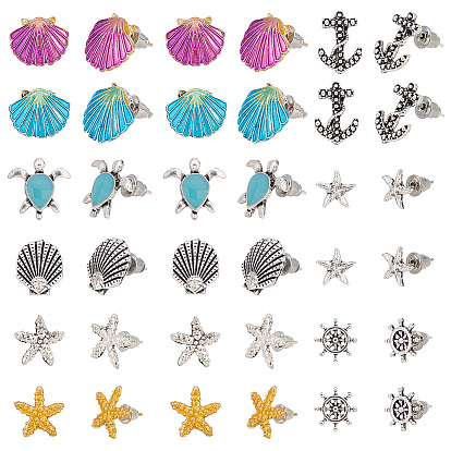 18 Pairs 7 Style Shell & Starfish & Turtle & Helm Zinc Alloy Stud Earrings Sets with Enamel, Ocean Theme Earrings with Iron & Alloy Pins for Women