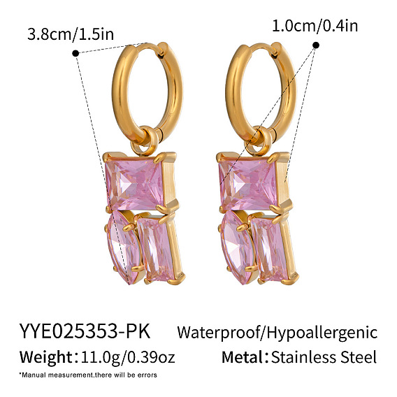 304 прямоугольные серьги-кольца из нержавеющей стали, с кубического циркония, реальный 18 k позолоченный