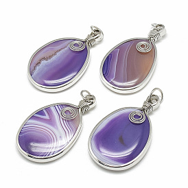 Natural Agate Big Pendants, with Alloy and Iron Findings, Dyed, Oval, Platinum
