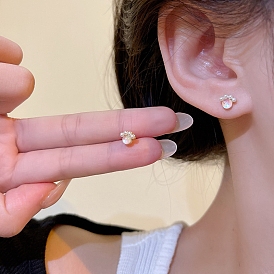 Golden Alloy Stud Earring, with Sterling Silver Pin, Cat Eye and Plastic Round Bead, Paw Print Shape