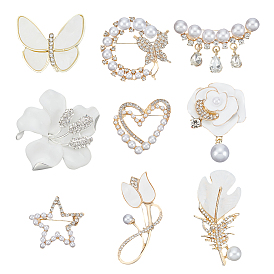 9шт 9 стили сплава горный хрусталь броши для рюкзака одежды, с натуральной ракушкой и пластиковой жемчужиной, разнообразные