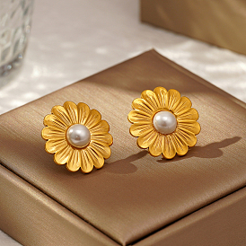 Stylish Stainless Steel & Imitation Pearl Flower Stud Earrings for Women's Daily Wear