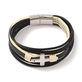 Braided Microfiber Leather Multi-strand Bracelets, 304 Stainless Steel Cross Bracelets for Men