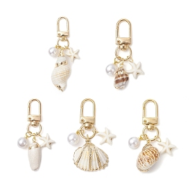 Spiral Shell & Synthetic Turquoise Starfish Pendant Decorations, with Round ABS Plastic Imitation Pearl and Alloy Swivel Clasps